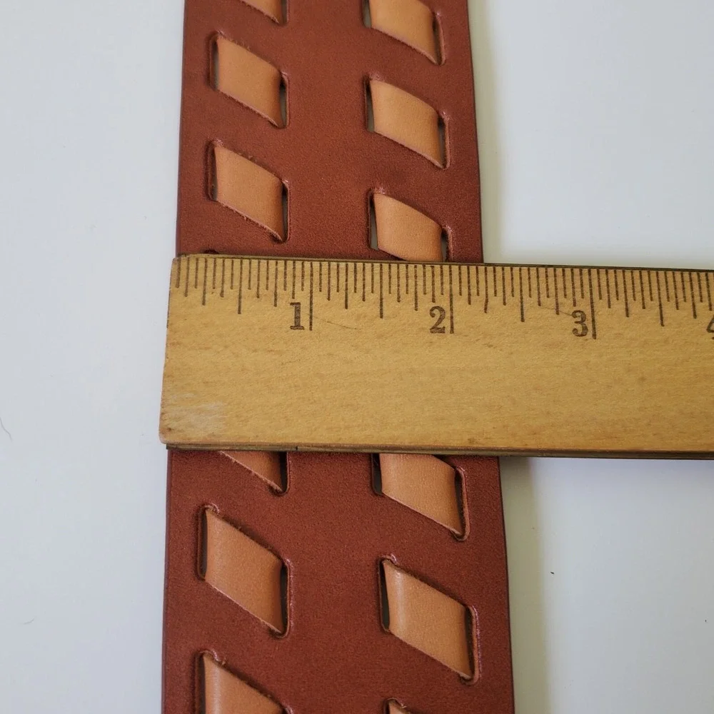 Chicos Wide Woven Leather Hip Belt Medium‎ Brown Tan Adjustable Boho Western